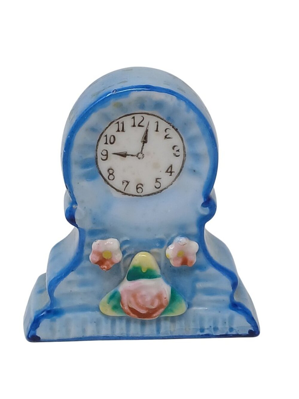 Vintage HKATO Occupied Japan Blue Ceramic Miniature Clock Figurine   #S-3